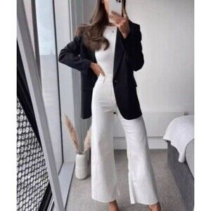 Zara Sz 4 High Waist Marine Straight Pocket Off White Jeans Raw Hem Wide Leg NWT